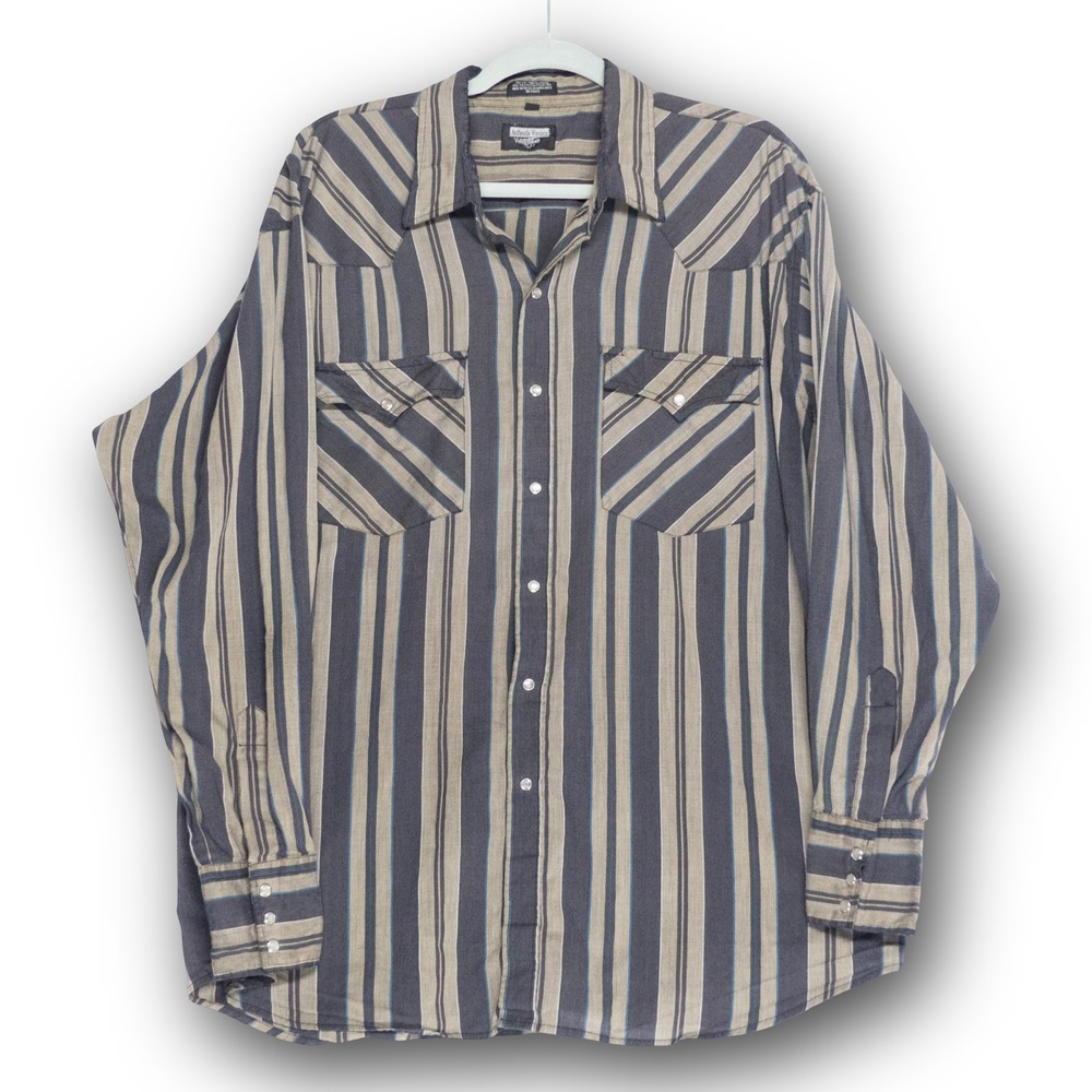 Authentic Western Youngblood Shirt Mens XL Blue Tan Striped Excellent Pearl Snap
